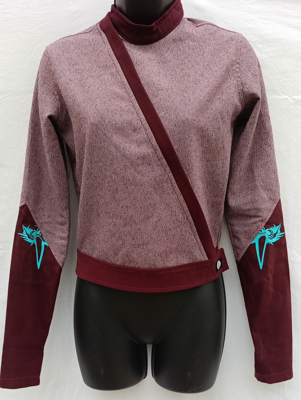 Women's Burgundy Crop Layered-Trim Top with Teal Accent